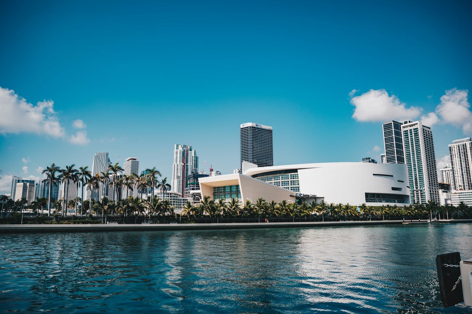 Miami waterfront with palm trees, high-rises and blue sky