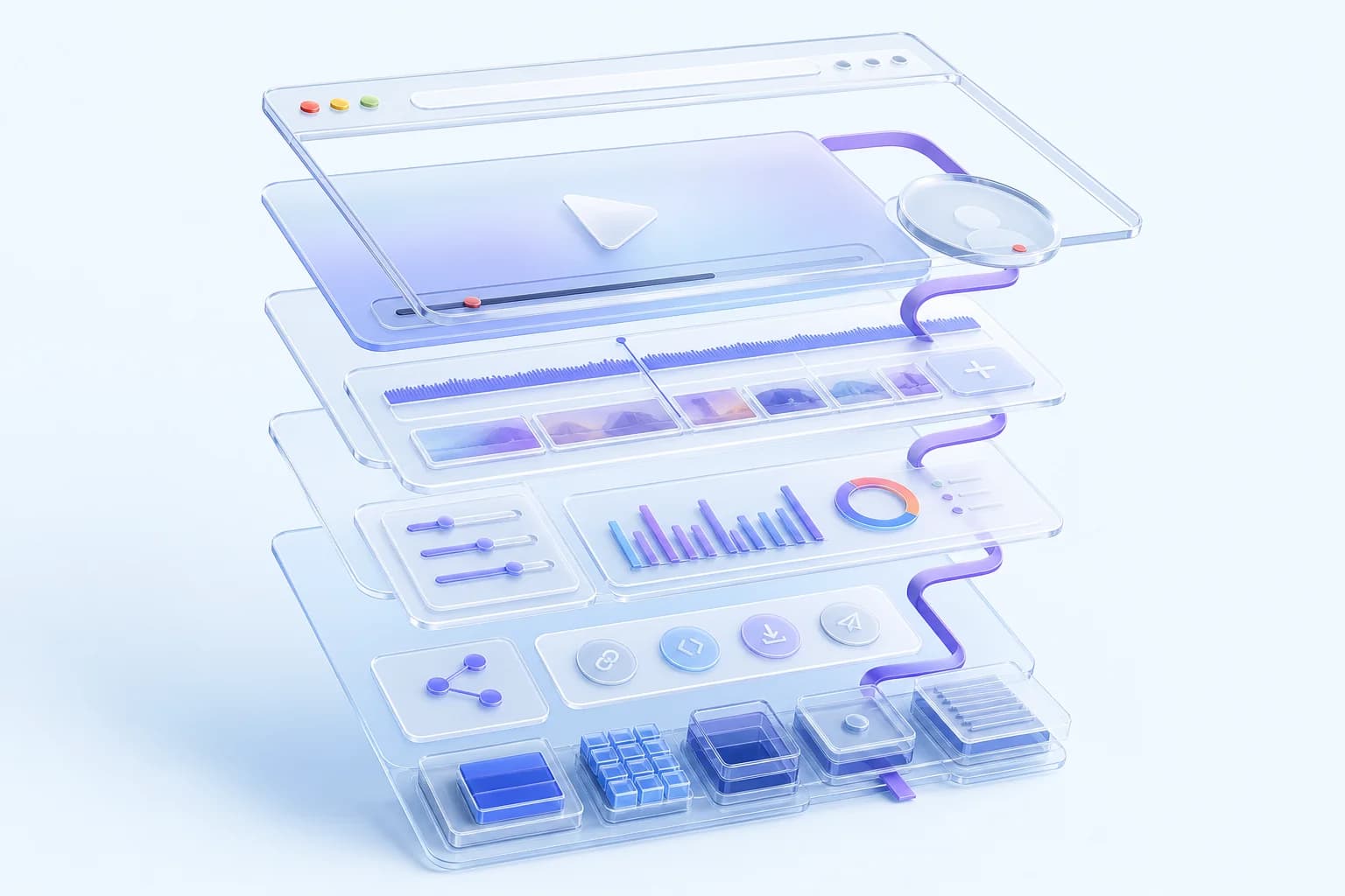 Exploded glass illustration of customizable video software modules
