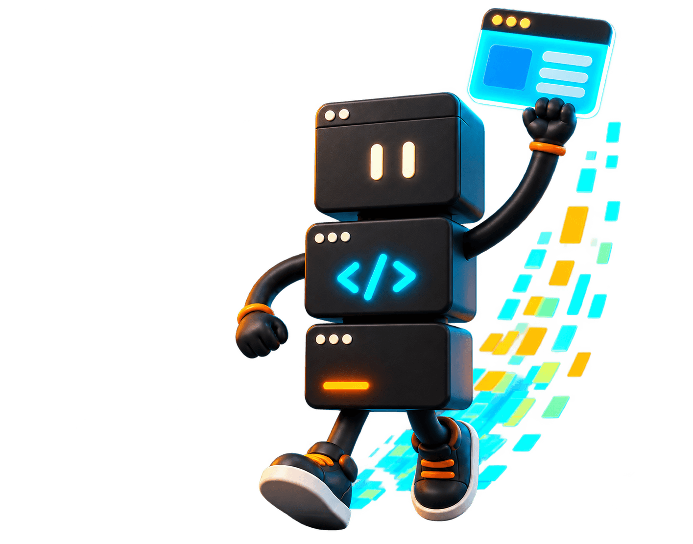 Stack, the AI Coding 101 mascot, shipping a finished application