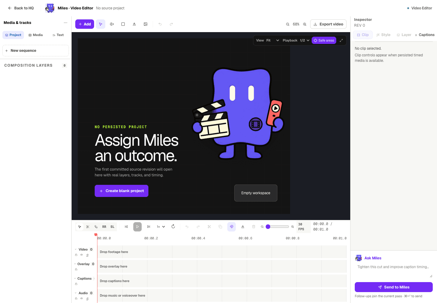 Miles AI video editor workspace with tracks, captions, media, and human controls