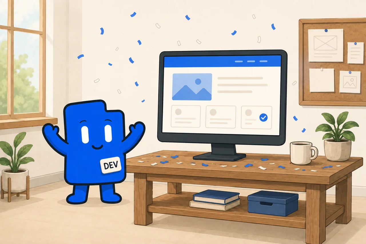 The DevLaunch companion celebrates beside a monitor showing a finished website as confetti falls.