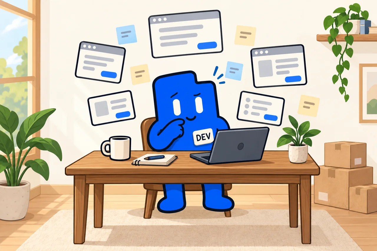 The DevLaunch companion sits at a desk surrounded by too many open browser tabs.