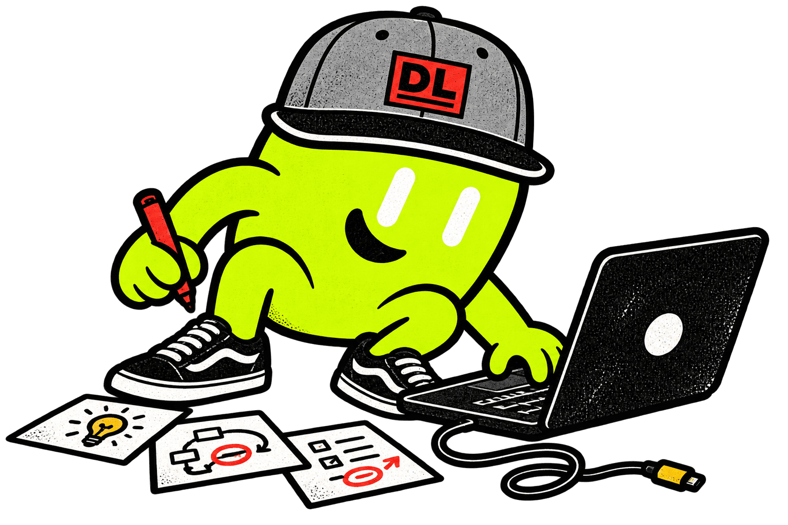 The DevLaunch mascot building at a laptop with idea cards