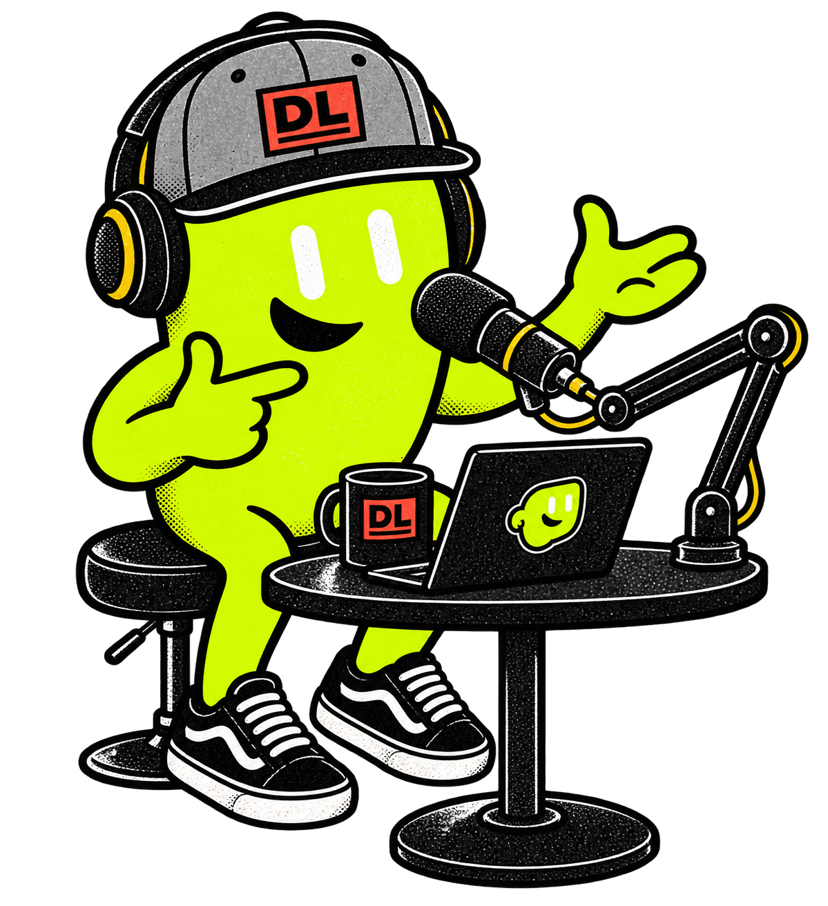 The DevLaunch mascot hosting at a podcast microphone