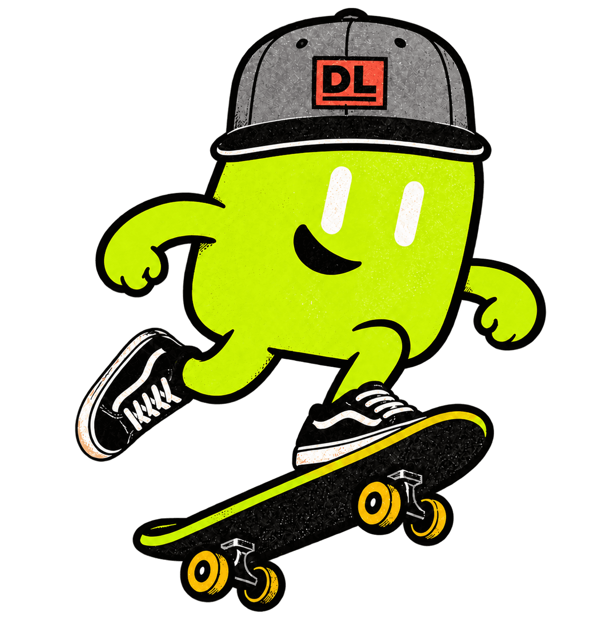 A playful one-eyed DevLaunch mascot wearing a DL cap and skating