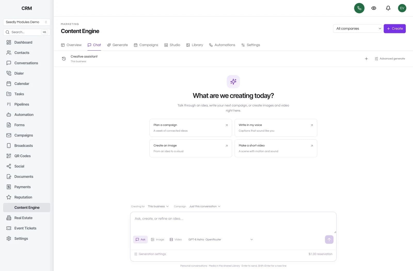 Content Engine Chat workspace with campaign starters and Ask, Image, and Video modes