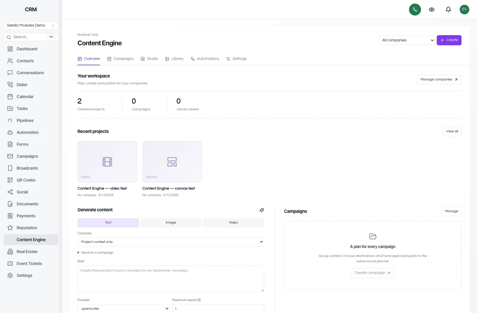 GoSeedly Content Engine creative workspace