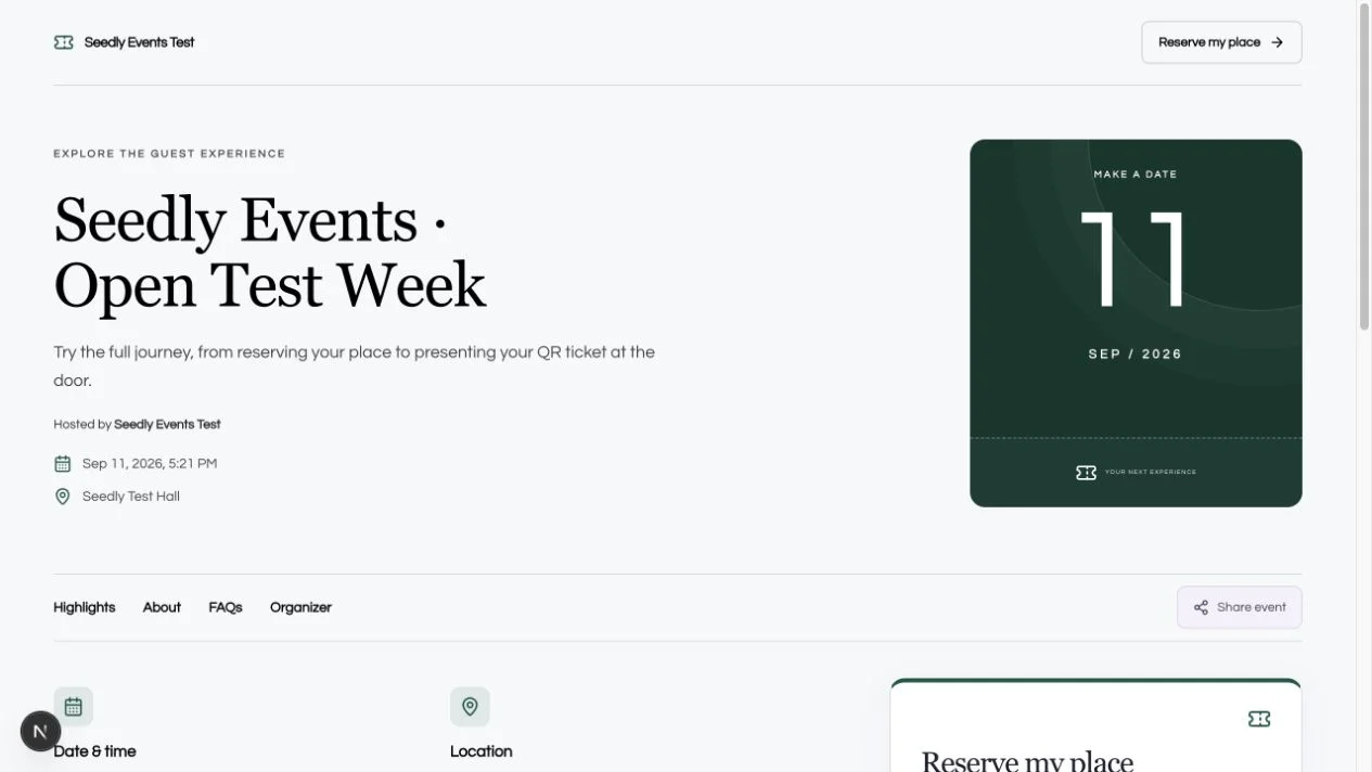 Event module public registration page with synthetic sample content