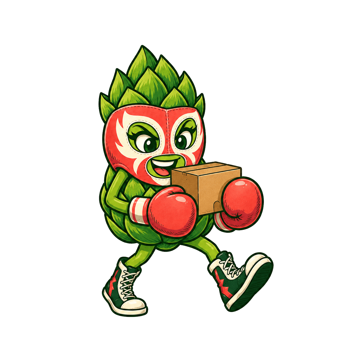 Pip marches with a moving box held in her boxing gloves.