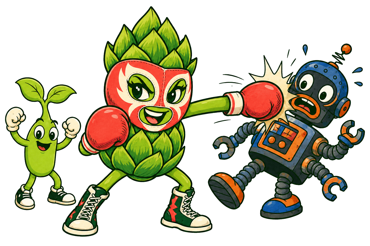 Pip, the green artichoke luchadora in a coral-and-cream mask, boxes a goofy robot while a little sprout cheers her on