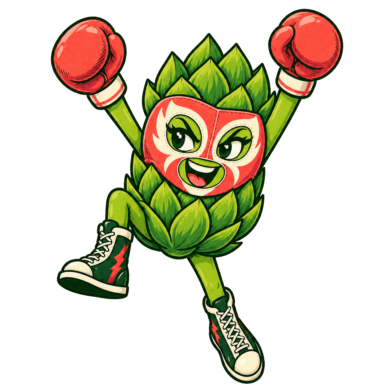 Pip the artichoke mascot jumps with her boxing gloves raised