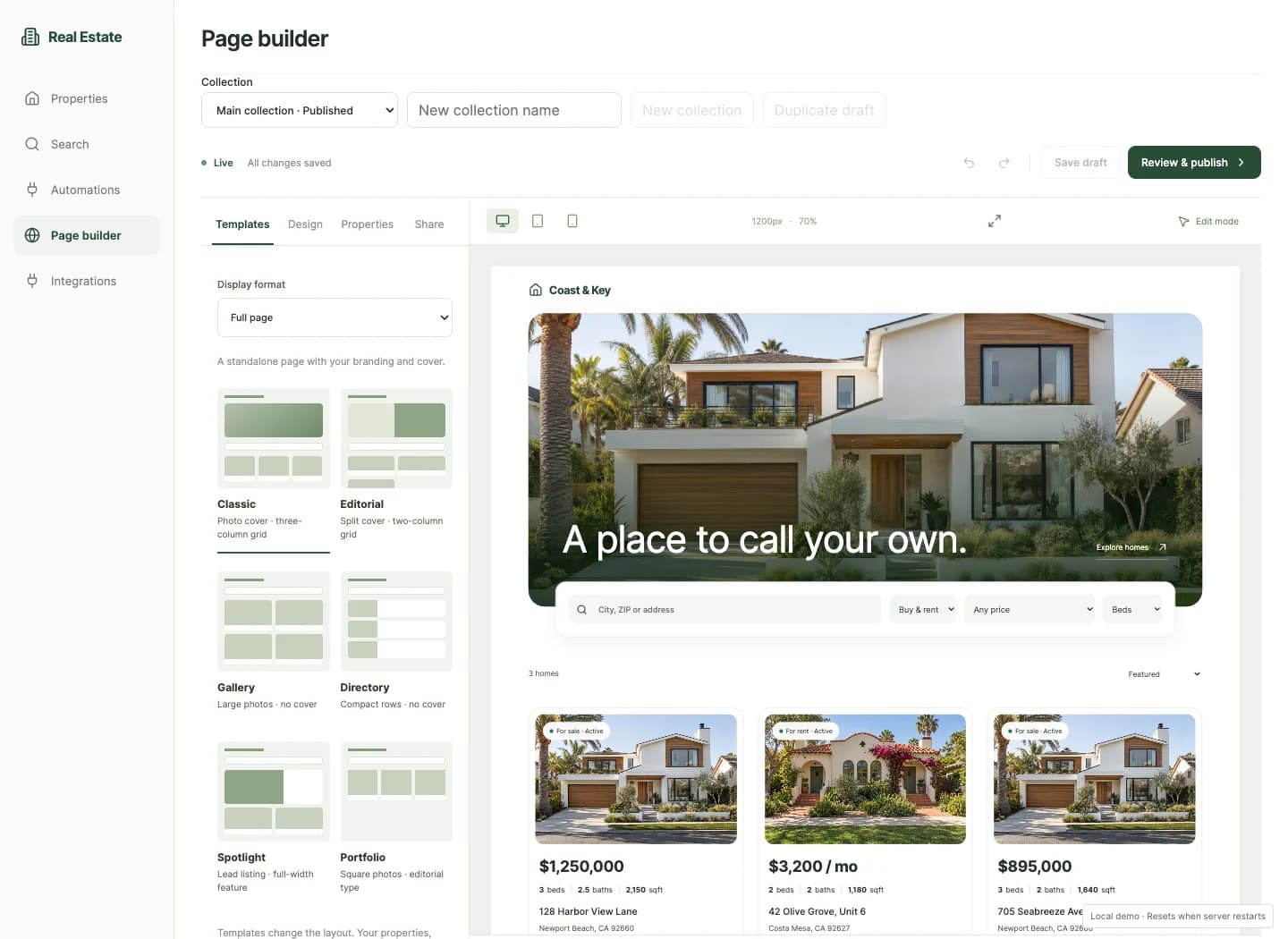 Real Estate module page builder with a sample property collection