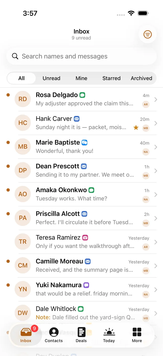 The native GoSeedly iOS inbox with sample conversations