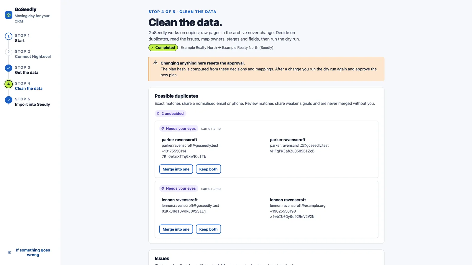 GoSeedly Transfer Tool reviewing duplicate sample contacts before an import