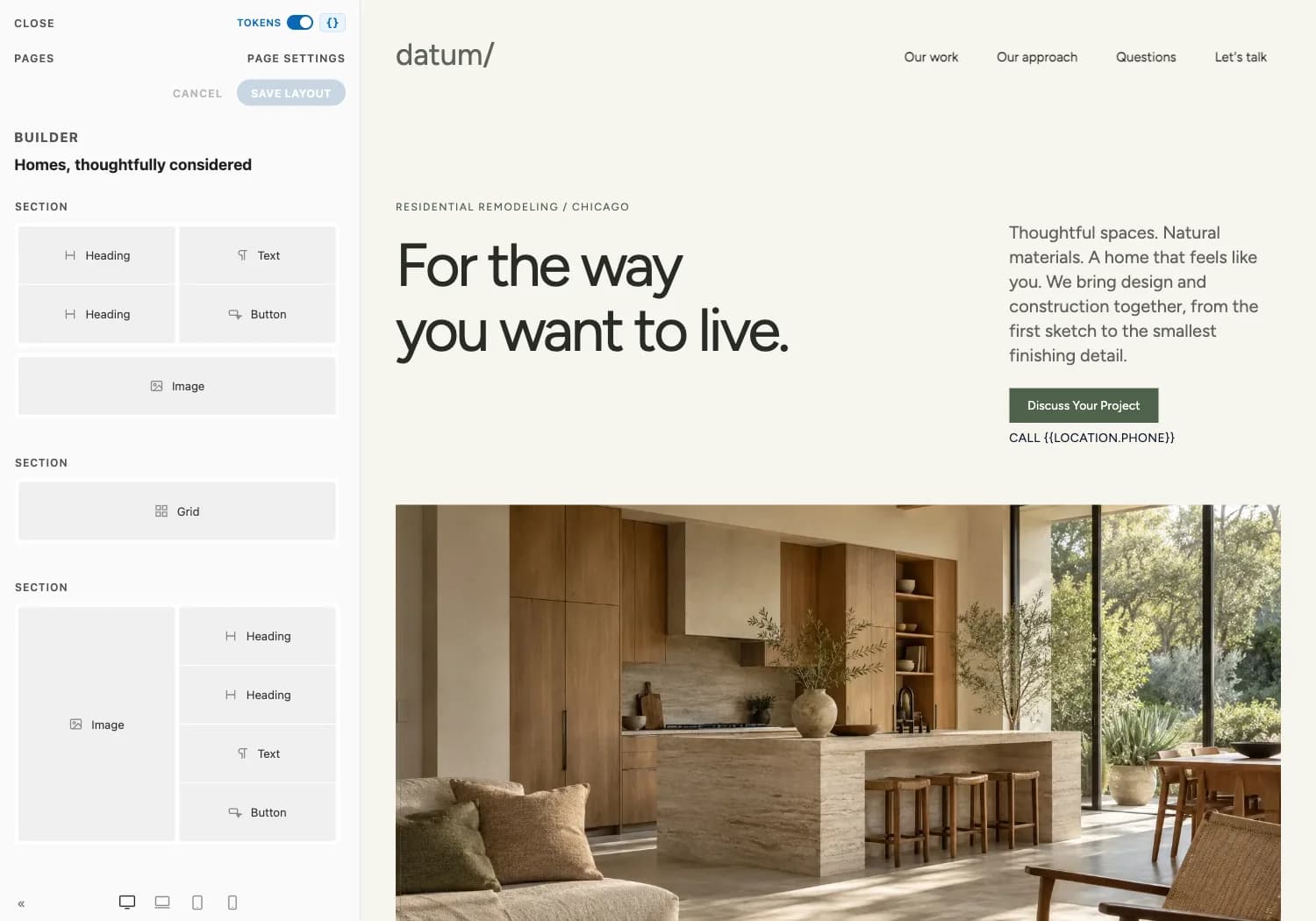 Datum open in the actual Seedly builder with native blocks beside the live page canvas