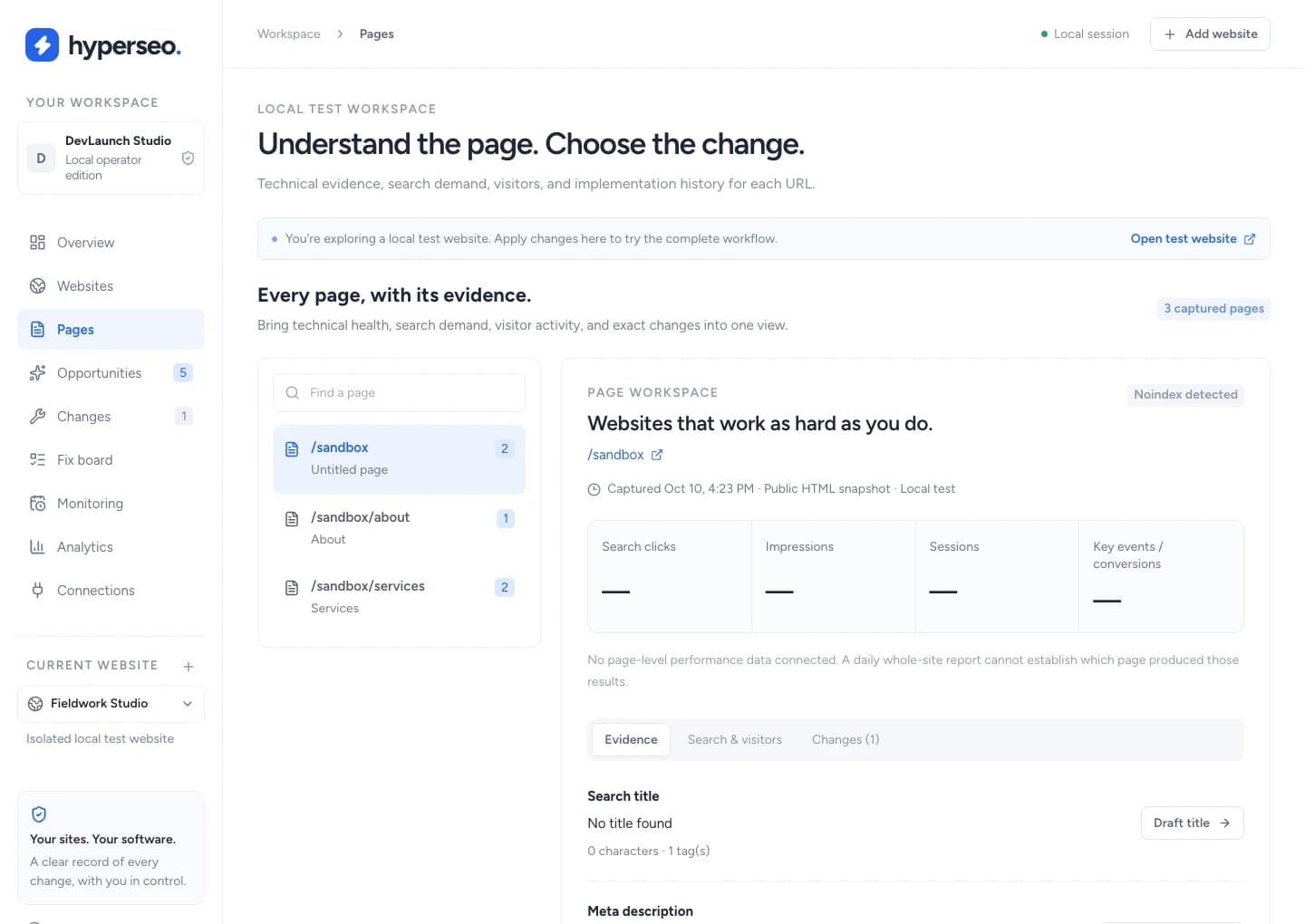 HyperSEO Page evidence showing the labeled local test website