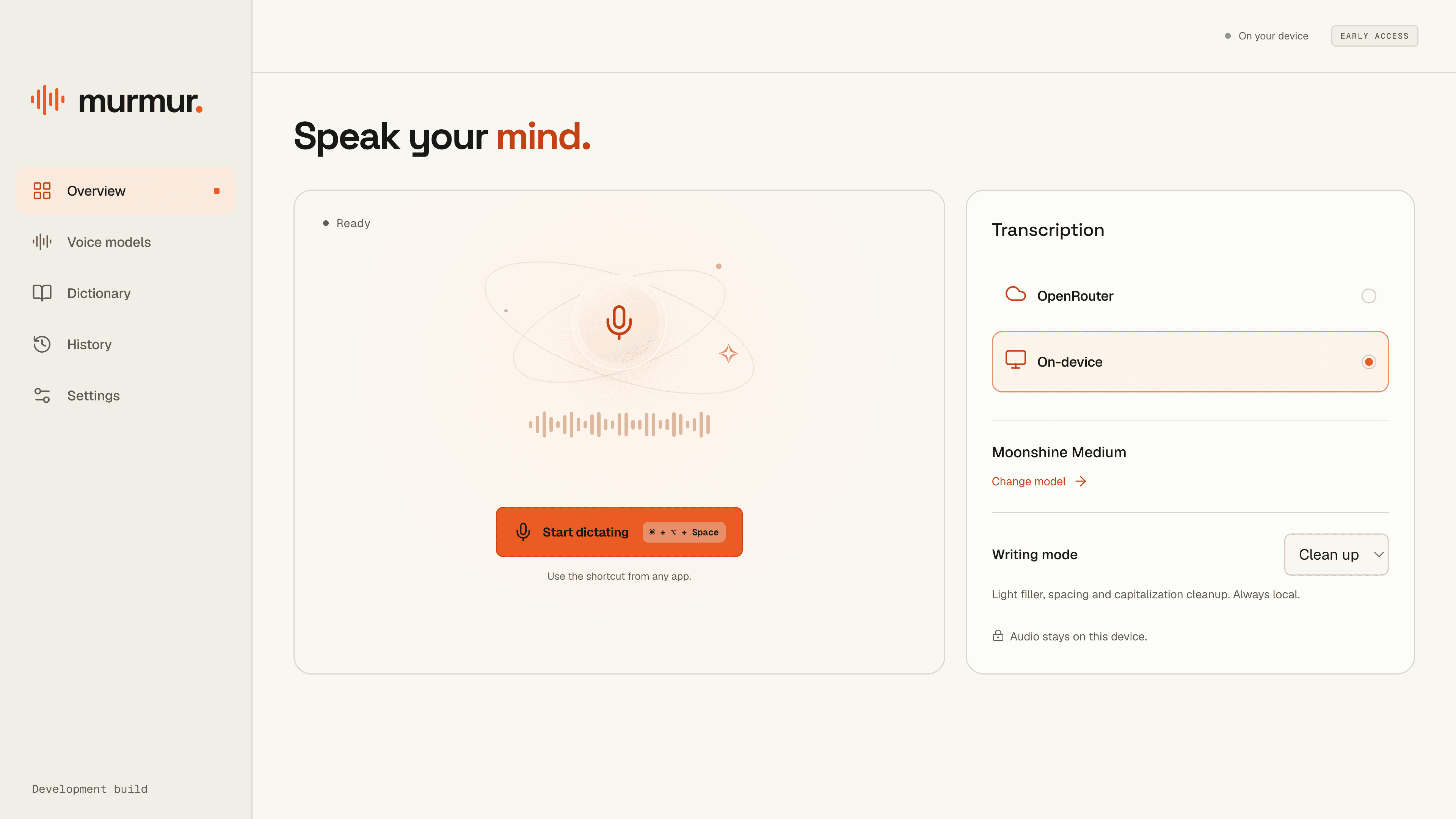 Murmur ready for on-device dictation with Moonshine Medium and local Clean up writing mode