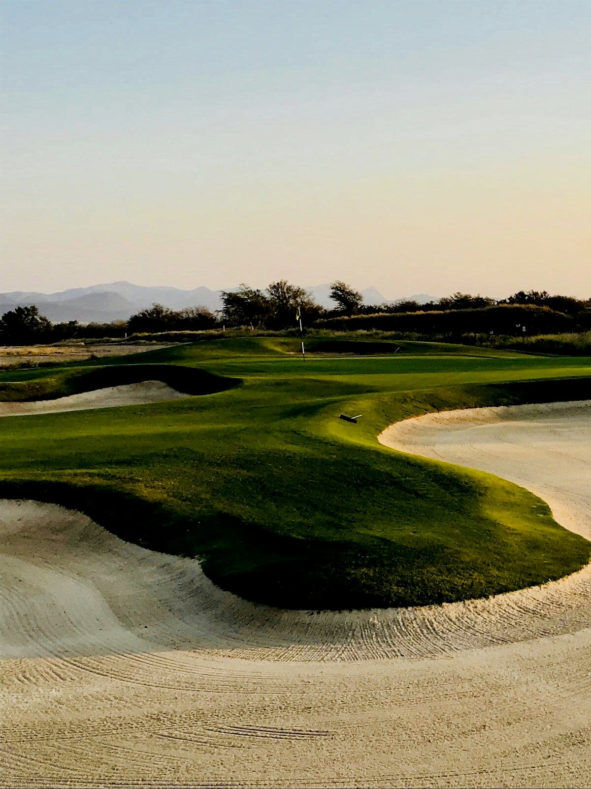 A desert golf green with mountains behind it at dusk