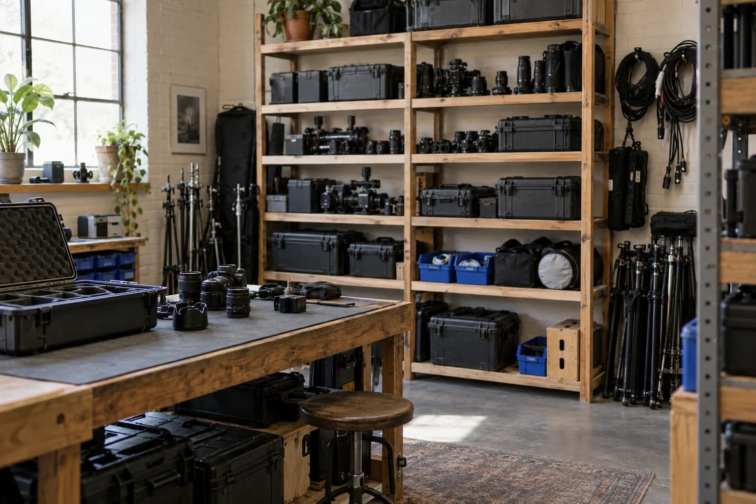 A production equipment room with cameras, tripods, lenses, and protective cases