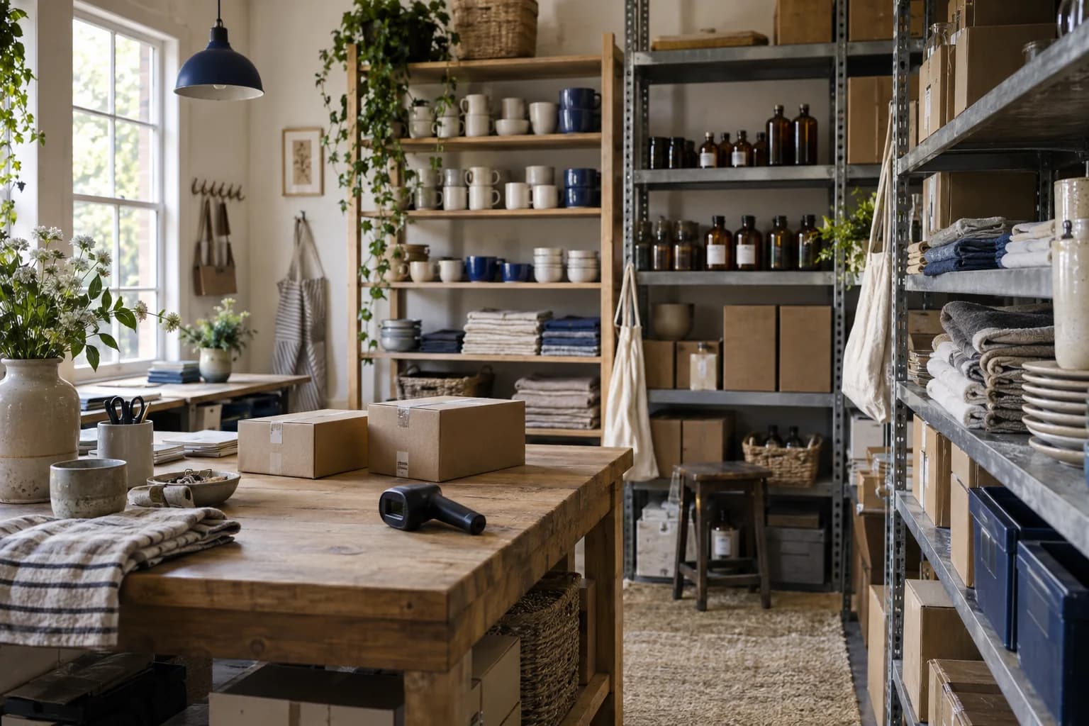 An organized homewares retail stockroom with ceramics, linens, and packing supplies