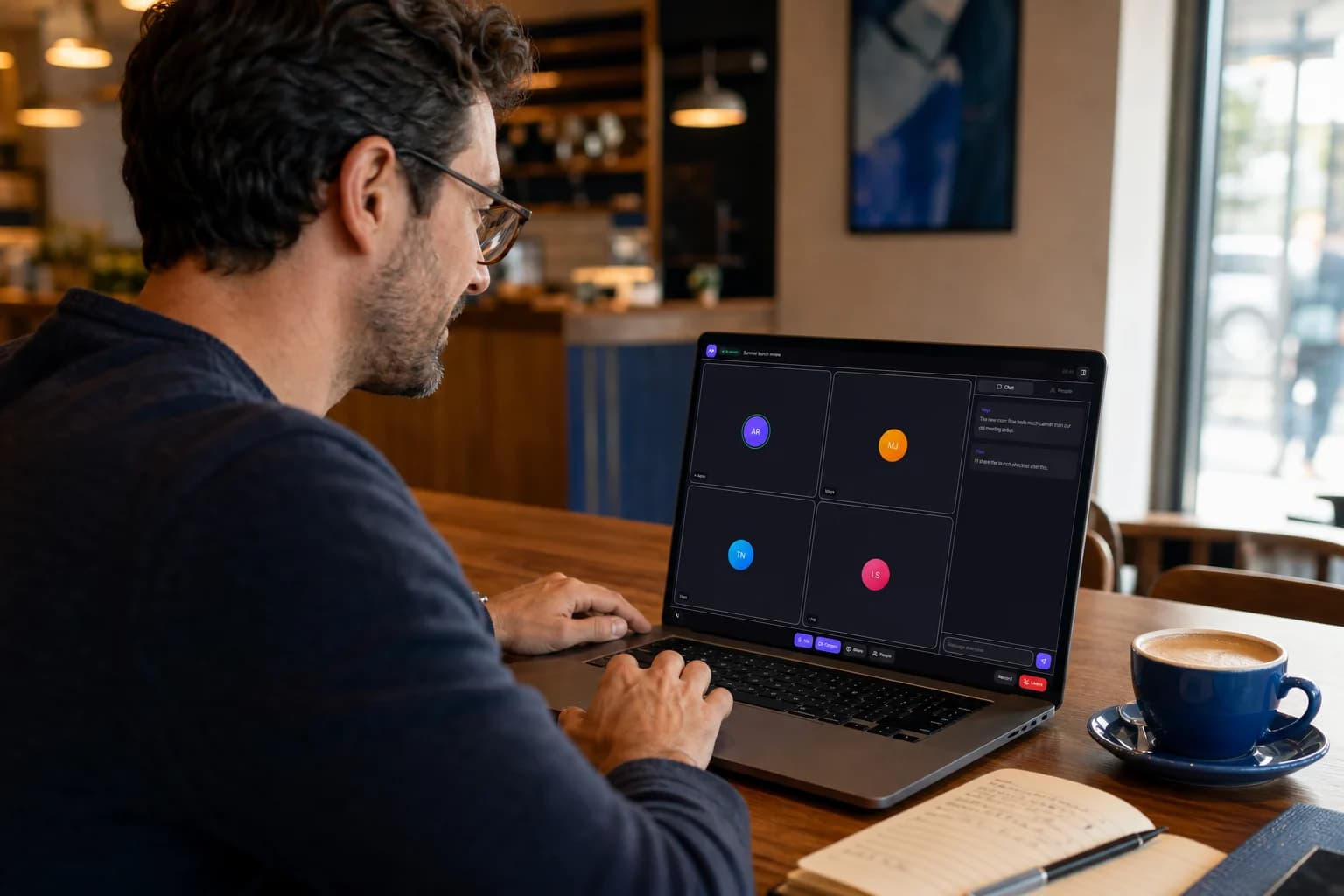A professional using the VideoFlow Rooms live interface on a laptop in a modern coffee shop