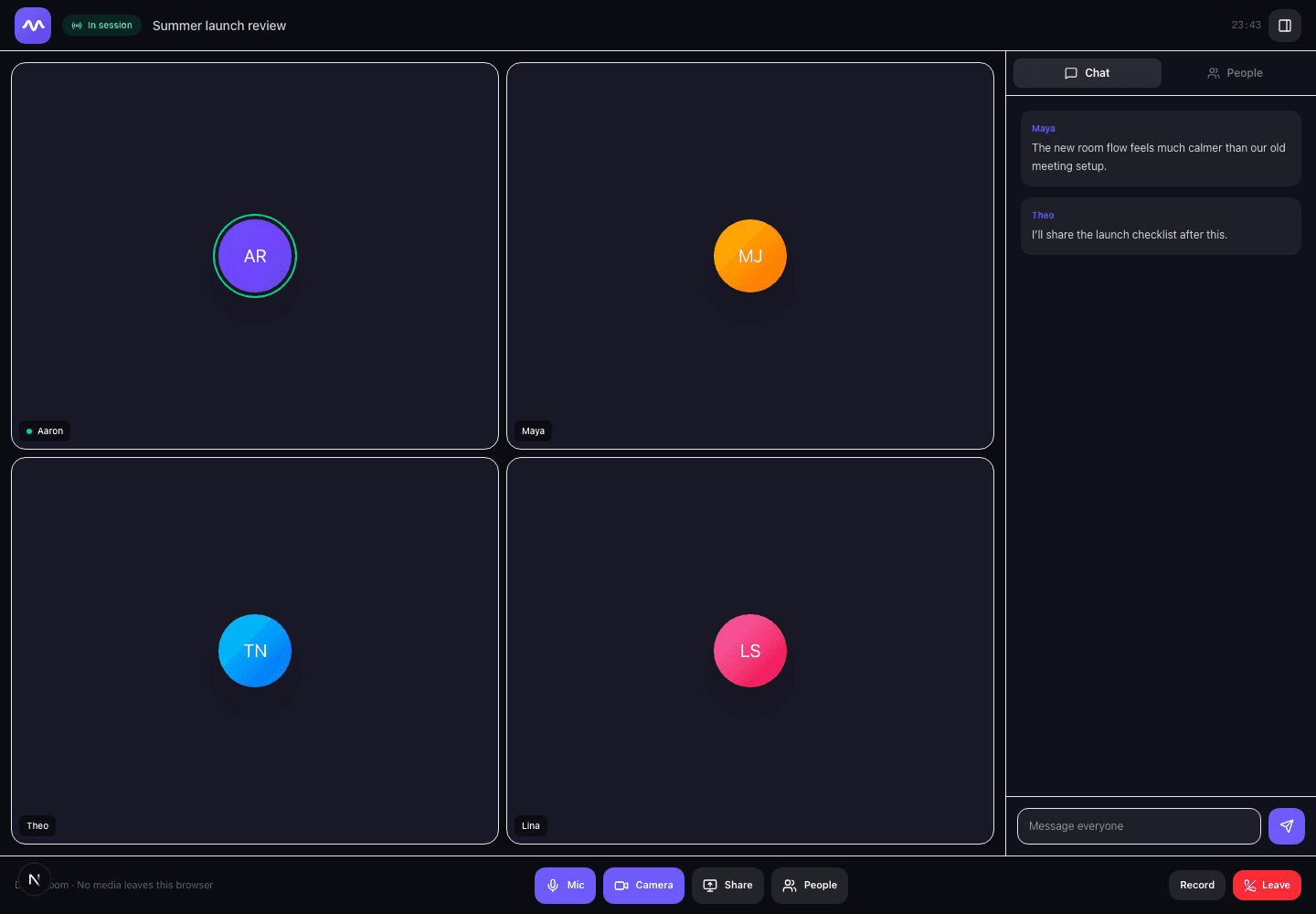 VideoFlow Rooms live meeting interface with four participants and persistent chat