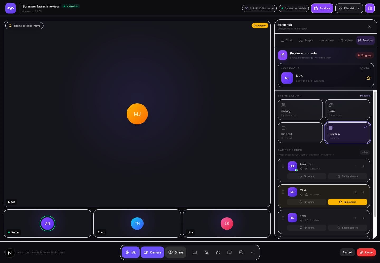 VideoFlow Rooms producer console with live spotlight, filmstrip layout, and participant ordering