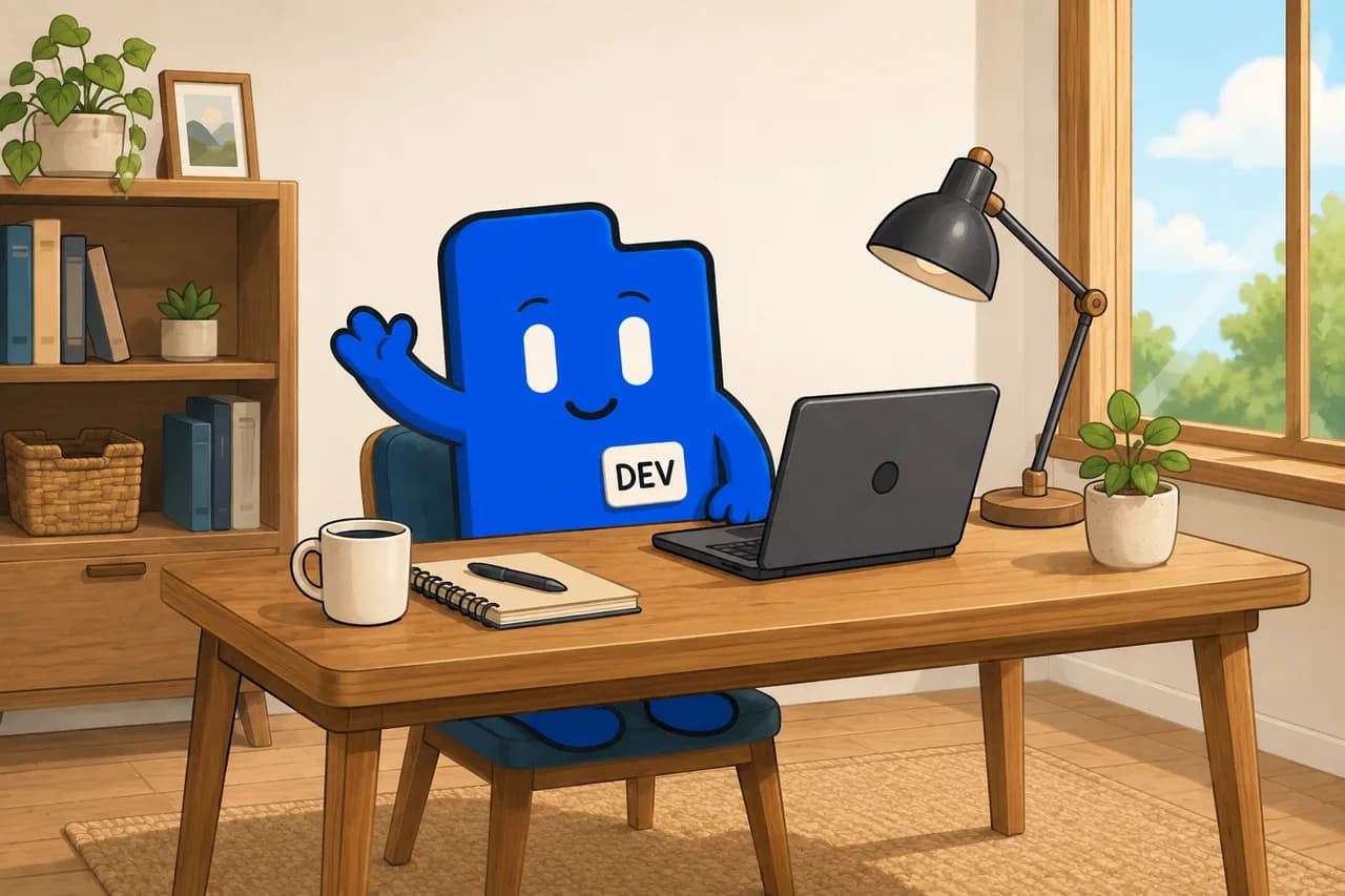 The DevLaunch companion works at a laptop on a tidy desk.