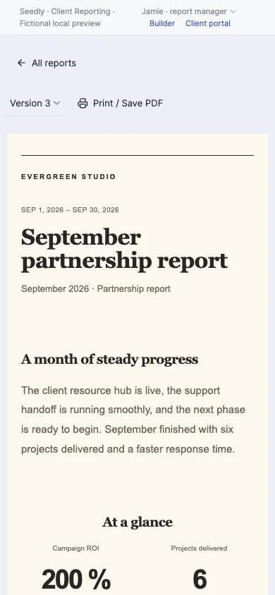 The published client report in the mobile Seedly portal