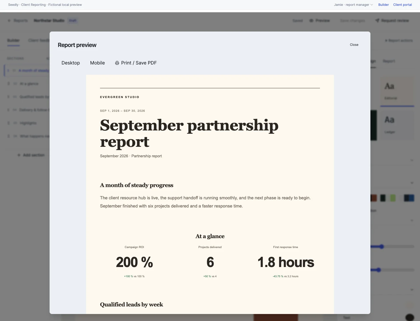 A branded report preview with project narrative, calculated ROI, delivery metrics and a weekly chart