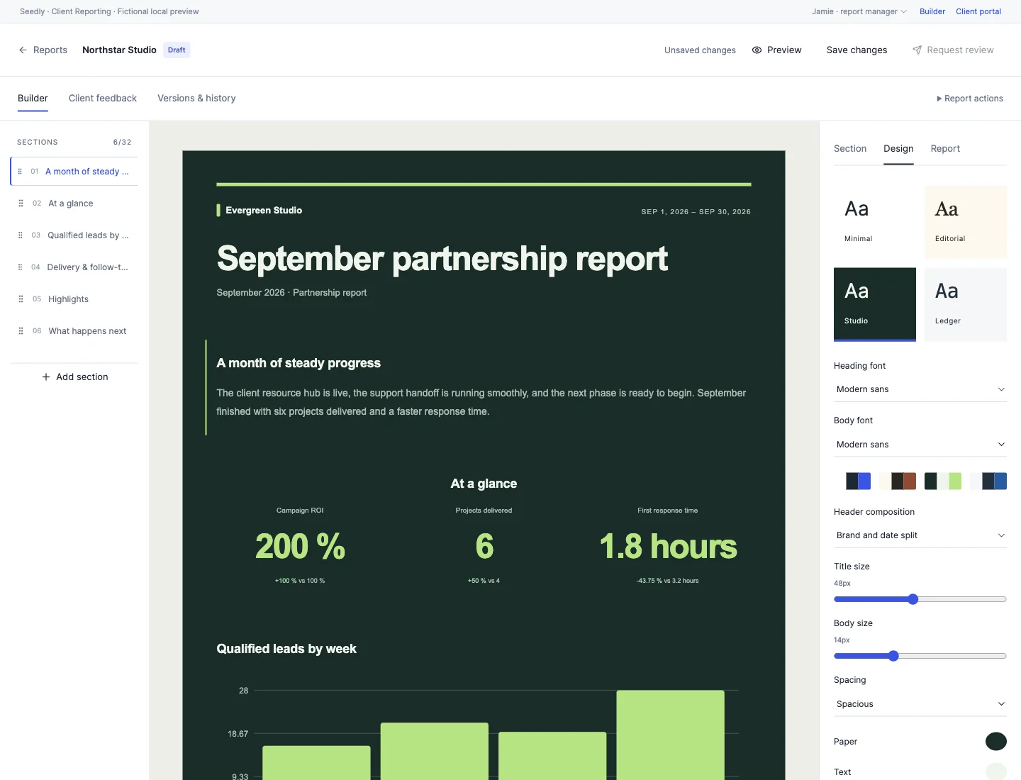 The same report in the deep green Studio design with lime accents and large scorecards
