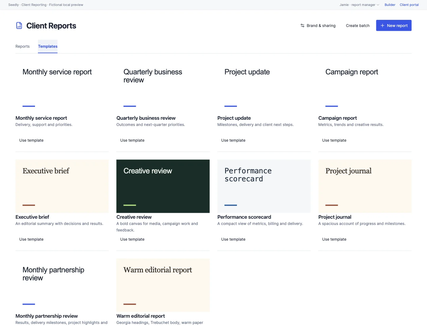 The report template library with eight starter templates and saved custom templates