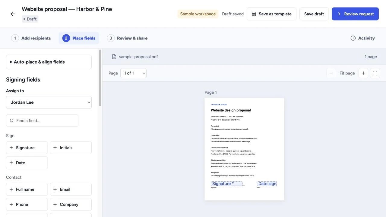 HyperProposal signing field editor in a fictional workspace