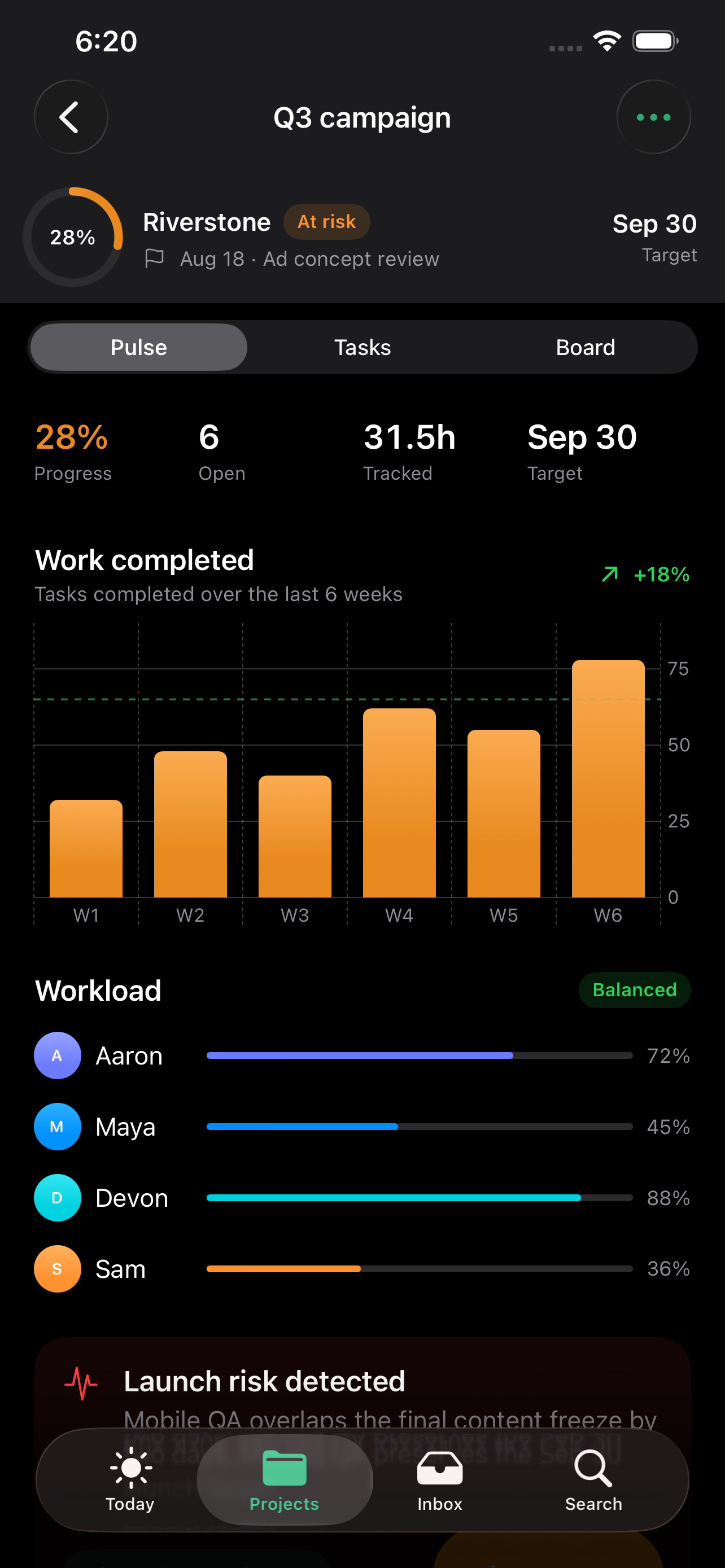 HyperTask native iOS project pulse showing project progress, workload, and launch risk