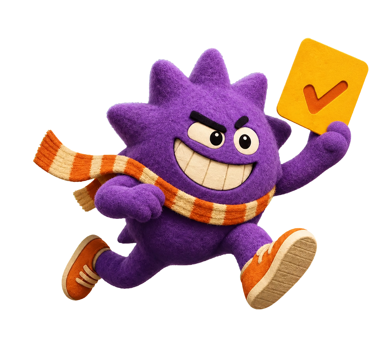 Purple fuzzy mascot running with a completed task