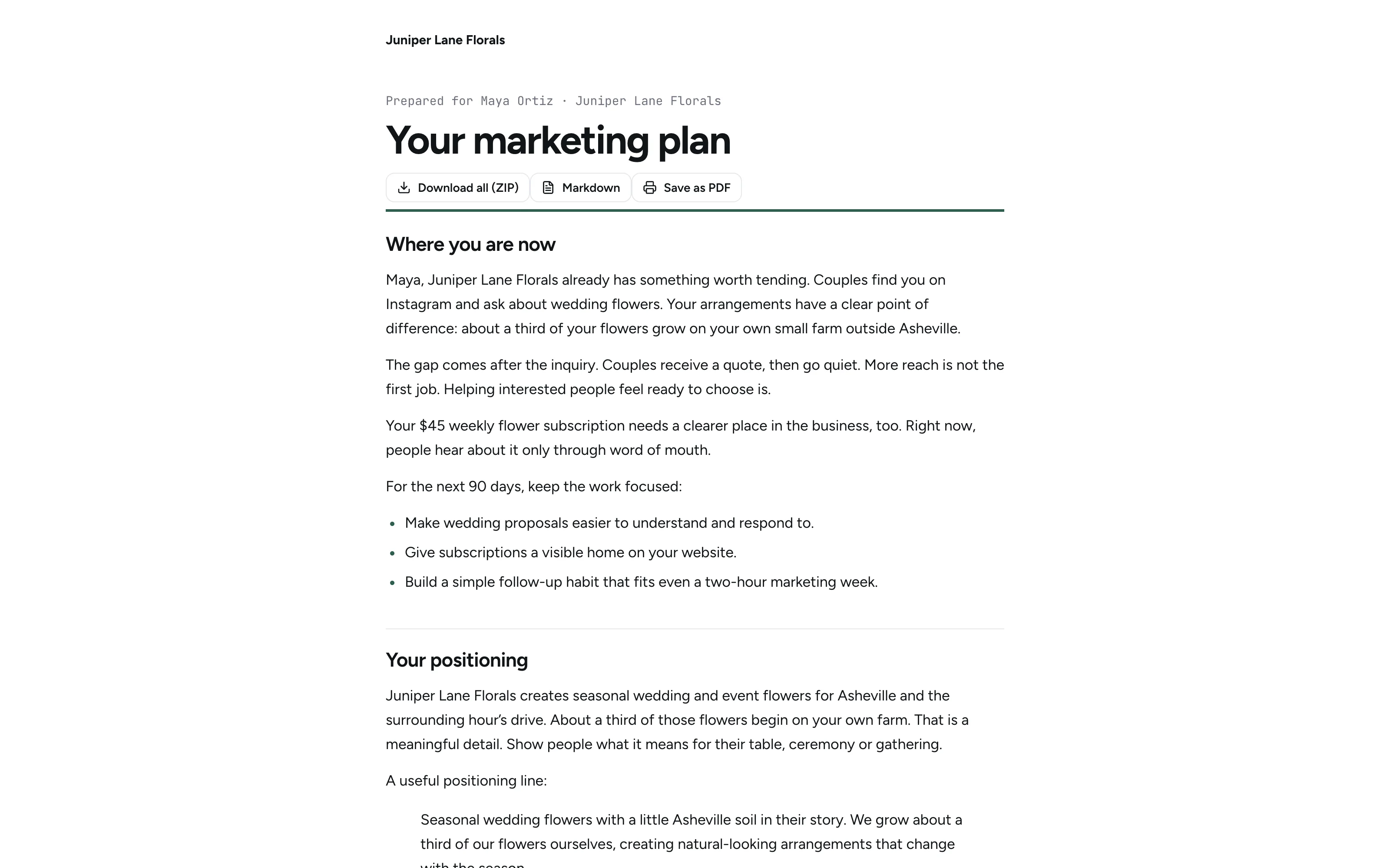 Kickoff results page with a marketing plan for a sample florist