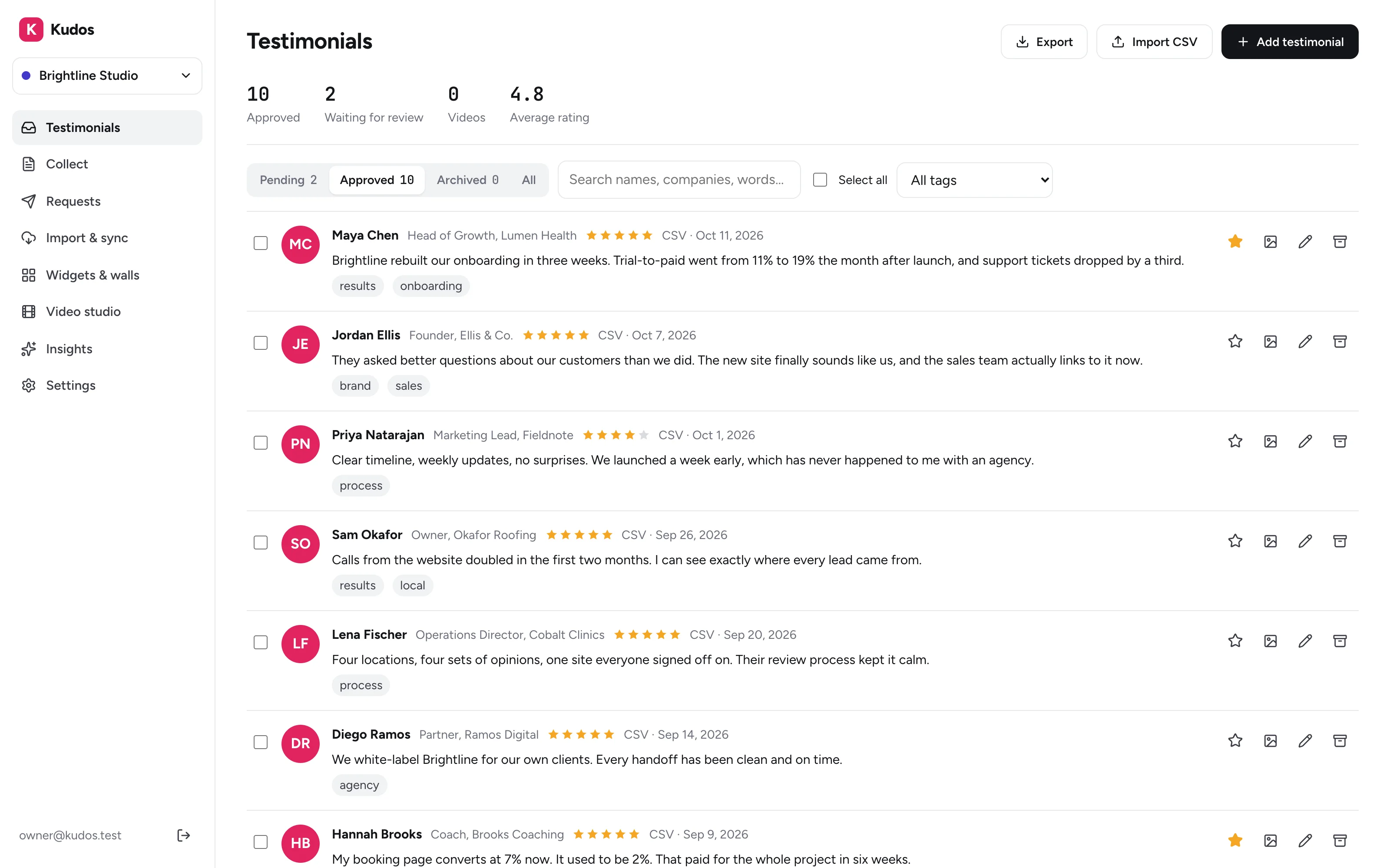 Kudos testimonial inbox with sample reviews