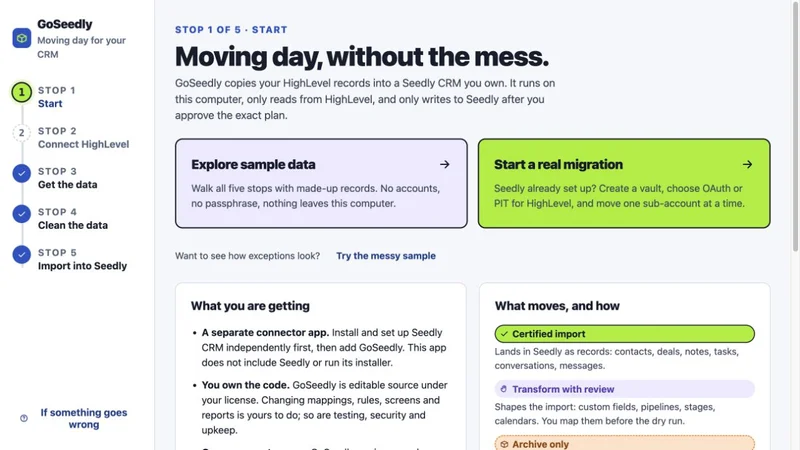 GoSeedly migration app start screen
