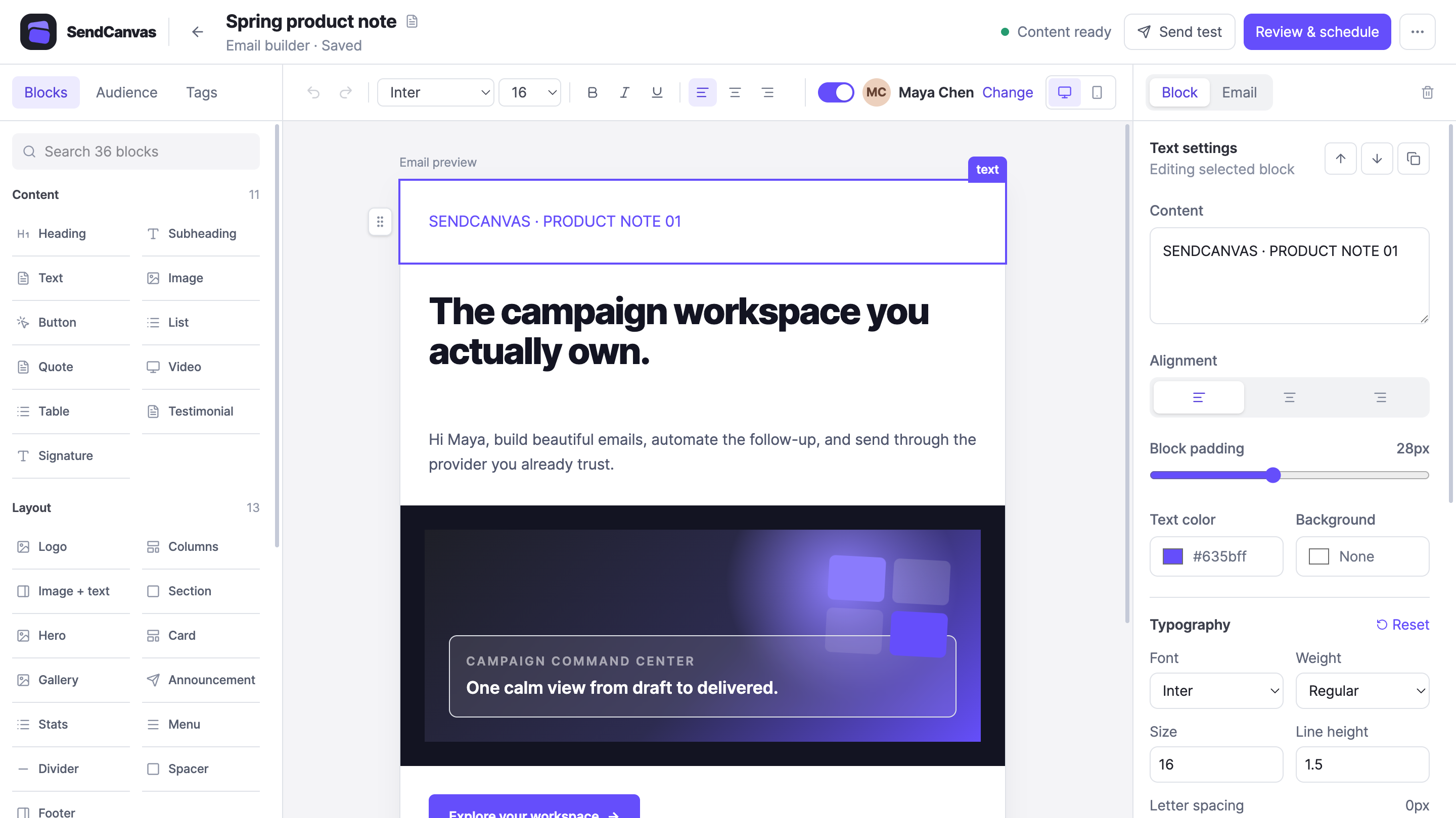 Actual SendCanvas visual email studio with block library, canvas, and editing controls