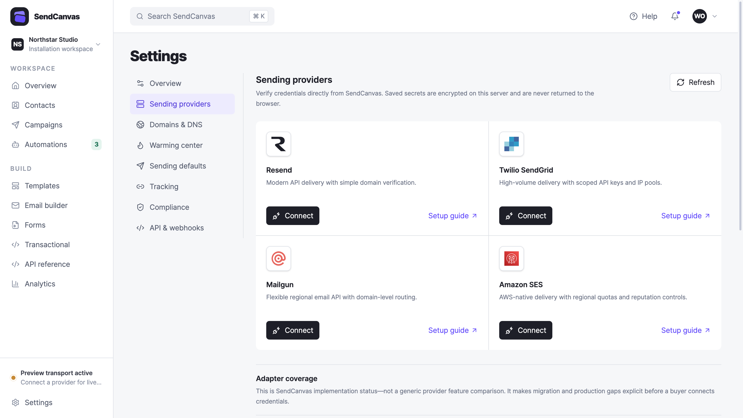 Actual SendCanvas provider settings showing Resend, Twilio SendGrid, Mailgun, and Amazon SES